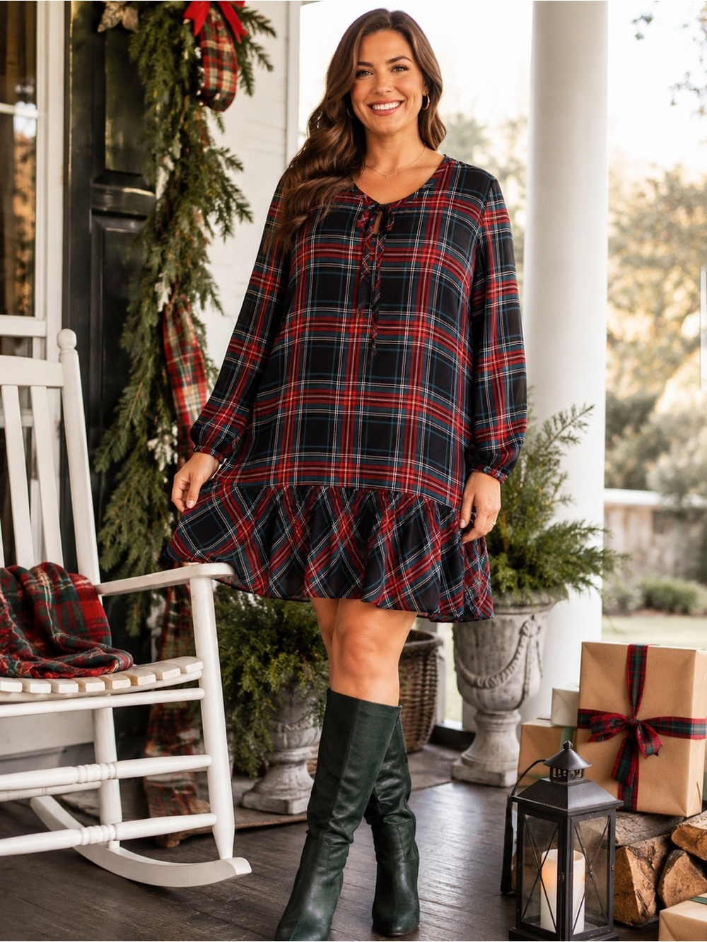 Draper James XXL Plaid Ruffle Hem Tie Neck Dress Red Blue Black Holiday Prepp